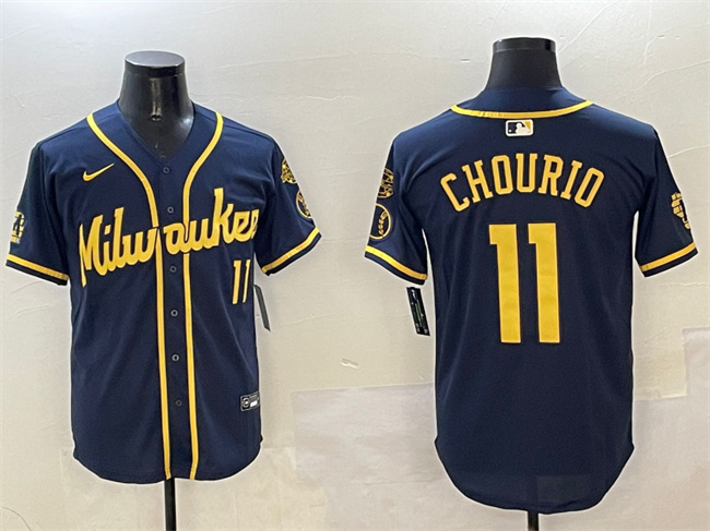 Men's Milwaukee Brewers #11 Jackson Chourio Navy With Home Patch Limited Stitched Baseball Jersey Men's Milwaukee Brewers #11 Jackson Chourio Navy With Home Patch Limited Stitched Baseball Jersey