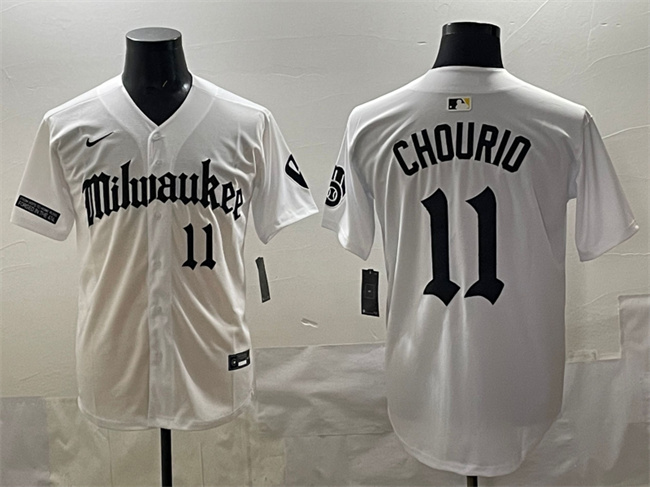 Men's Milwaukee Brewers #11 Jackson Chourio White 'Gothic 414 Shadows Edition' Vapor Premier Limited Stitched Jersey Men's Milwaukee Brewers #11 Jackson Chourio White 'Gothic 414 Shadows Edition' Vapor Premier Limited Stitched Jersey