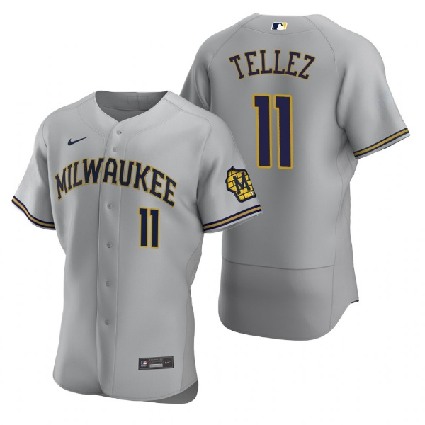 Men's Milwaukee Brewers #11 Rowdy Tellez Grey Flex Base Stitched MLB Jersey Men's Milwaukee Brewers #11 Rowdy Tellez Grey Flex Base Stitched MLB Jersey