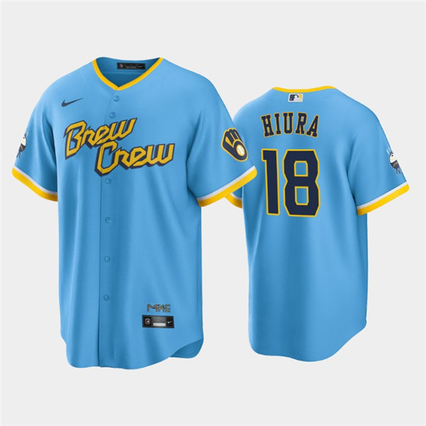 Men's Milwaukee Brewers #18 Keston Hiura 2022 Powder Blue City Connect Cool Base Stitched Jersey Men's Milwaukee Brewers #18 Keston Hiura 2022 Powder Blue City Connect Cool Base Stitched Jersey