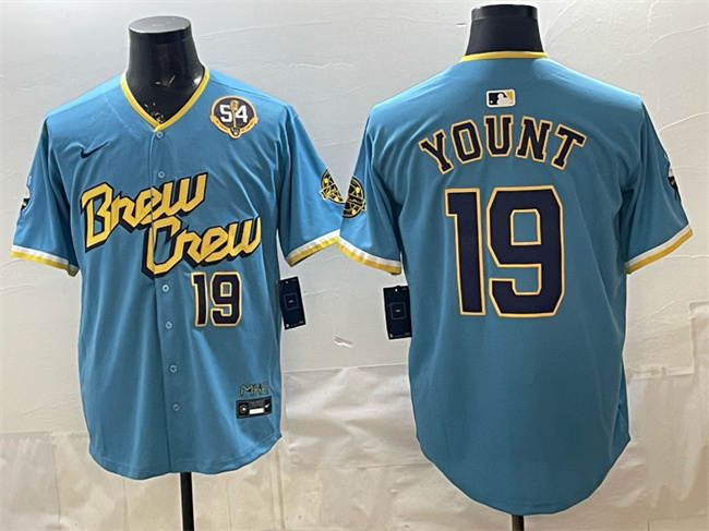 Men's Milwaukee Brewers #19 Robin Yount Powder Blue City Connect With Home & Bob Uecker Patch Limited Stitched Baseball Jersey Men's Milwaukee Brewers #19 Robin Yount Powder Blue City Connect With Home & Bob Uecker Patch Limited Stitched Baseball Jersey