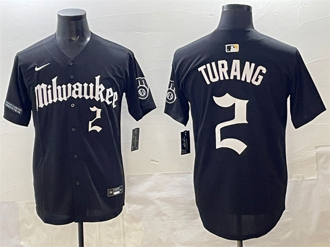 Men's Milwaukee Brewers #2 Brice Turang Black 'Gothic 414 Shadows Edition' Vapor Premier Limited Stitched Jersey Men's Milwaukee Brewers #2 Brice Turang Black 'Gothic 414 Shadows Edition' Vapor Premier Limited Stitched Jersey