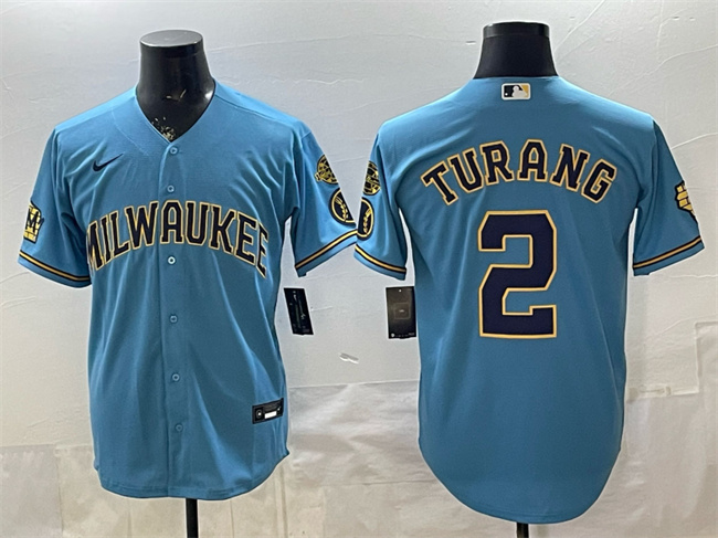 Men's Milwaukee Brewers #2 Brice Turang Blue With Home & Bob Uecker Patch Stitched Baseball Jersey Men's Milwaukee Brewers #2 Brice Turang Blue With Home & Bob Uecker Patch Stitched Baseball Jersey