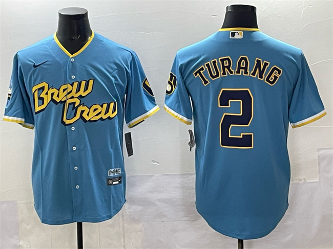 Men's Milwaukee Brewers #2 Brice Turang Powder Blue City Connect Cool Base Stitched Jersey Men's Milwaukee Brewers #2 Brice Turang Powder Blue City Connect Cool Base Stitched Jersey