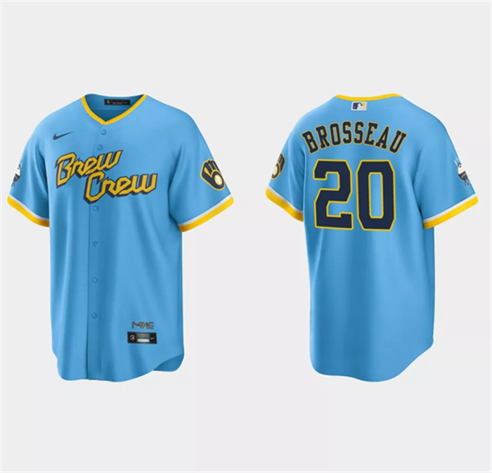 Men's Milwaukee Brewers #20 Mike Brosseau Powder Blue 2022 City Connect Cool Base Stitched Jersey Men's Milwaukee Brewers #20 Mike Brosseau Powder Blue 2022 City Connect Cool Base Stitched Jersey