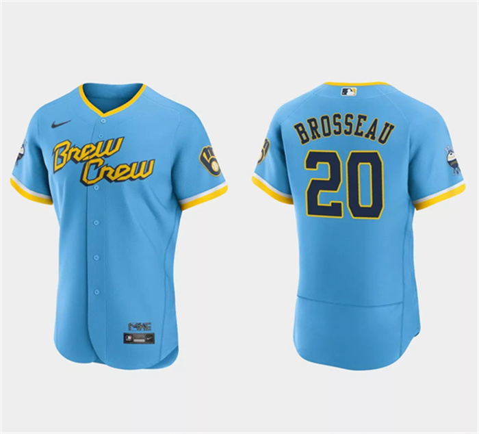 Men's Milwaukee Brewers #20 Mike Brosseau Powder Blue 2022 City Connect Flex Base Stitched Baseball Jersey Men's Milwaukee Brewers #20 Mike Brosseau Powder Blue 2022 City Connect Flex Base Stitched Baseball Jersey