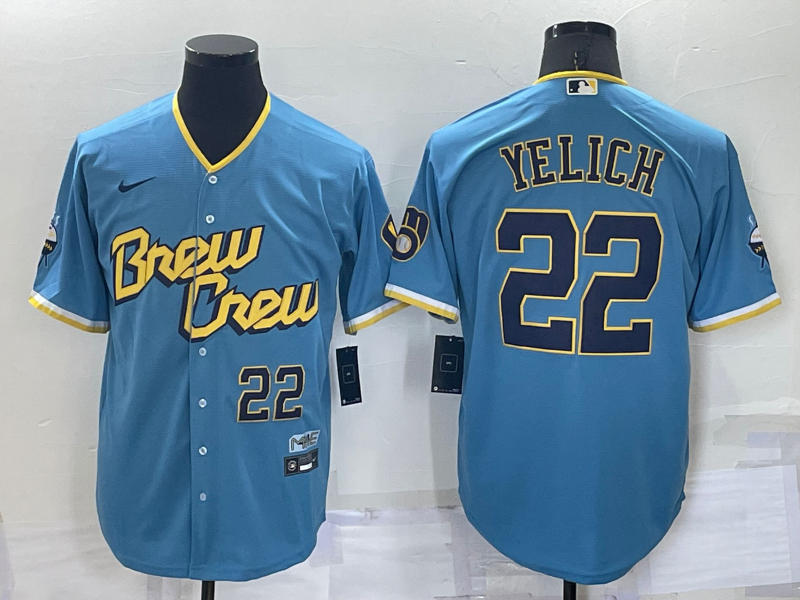 Men's Milwaukee Brewers #22 Christian Yelich 2022 Powder Blue City Connect Cool Base Stitched Jersey Men's Milwaukee Brewers #22 Christian Yelich 2022 Powder Blue City Connect Cool Base Stitched Jersey