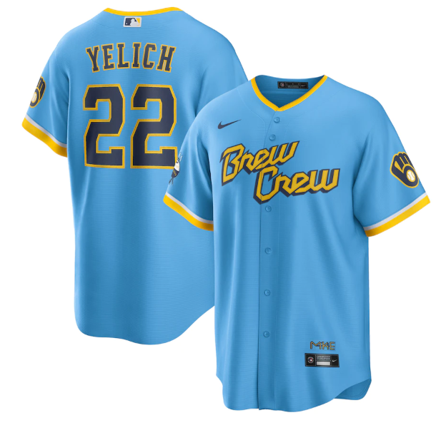 Men's Milwaukee Brewers #22 Christian Yelich 2022 Powder Blue City Connect Cool Base Stitched Jersey Men's Milwaukee Brewers #22 Christian Yelich 2022 Powder Blue City Connect Cool Base Stitched Jersey
