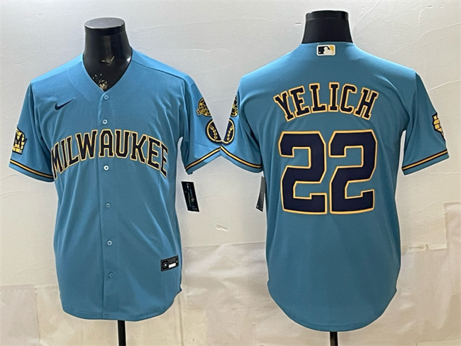 Men's Milwaukee Brewers #22 Christian Yelich Blue With Home & Bob Uecker Patch Stitched Baseball Jersey Men's Milwaukee Brewers #22 Christian Yelich Blue With Home & Bob Uecker Patch Stitched Baseball Jersey