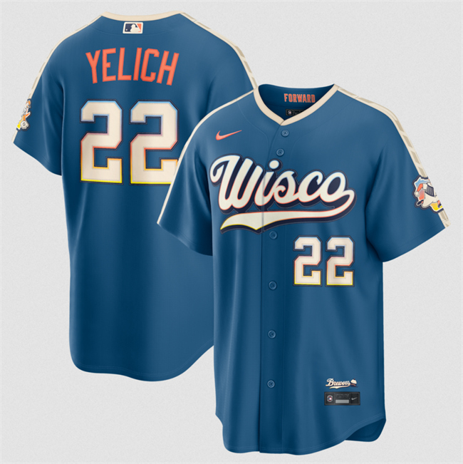 Men's Milwaukee Brewers #22 Christian Yelich Mineral Blue 2026 City Connect Stadium Stitched Baseball Jersey Men's Milwaukee Brewers #22 Christian Yelich Mineral Blue 2026 City Connect Stadium Stitched Baseball Jersey