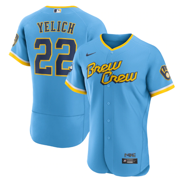 Men's Milwaukee Brewers #22 Christian Yelich Powder Blue 2022 City Connect Flex Base Stitched MLB Jersey Men's Milwaukee Brewers #22 Christian Yelich Powder Blue 2022 City Connect Flex Base Stitched MLB Jersey