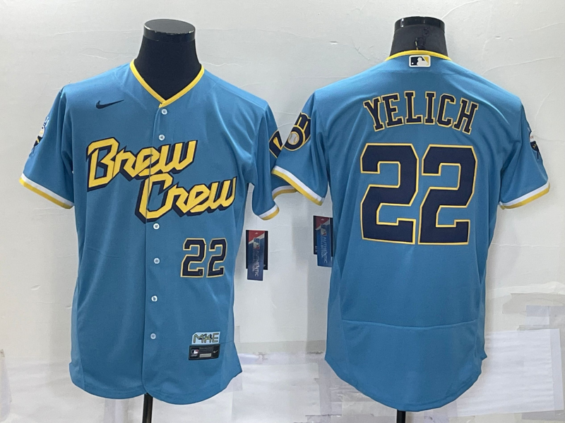 Men's Milwaukee Brewers #22 Christian Yelich Powder Blue 2022 City Connect Flex Base Stitched MLB Jersey Men's Milwaukee Brewers #22 Christian Yelich Powder Blue 2022 City Connect Flex Base Stitched MLB Jersey
