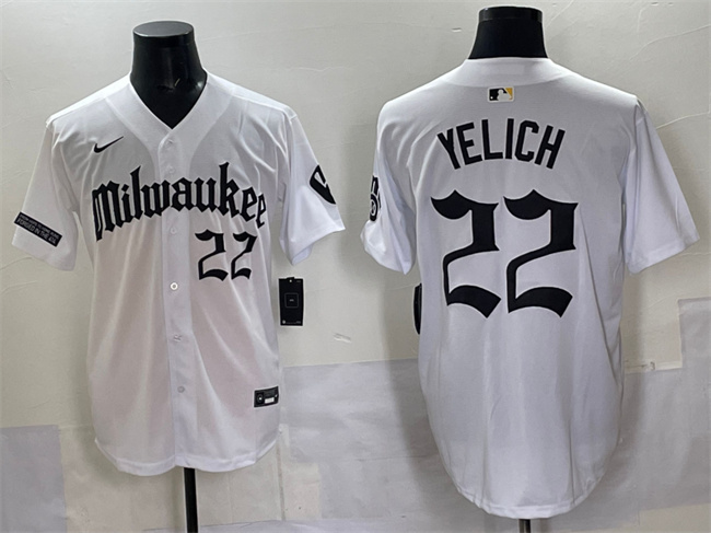 Men's Milwaukee Brewers #22 Christian Yelich White 'Gothic 414 Shadows Edition' Vapor Premier Limited Stitched Jersey Men's Milwaukee Brewers #22 Christian Yelich White 'Gothic 414 Shadows Edition' Vapor Premier Limited Stitched Jersey