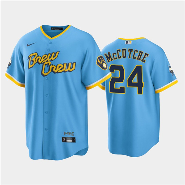 Men's Milwaukee Brewers #24 Andrew McCutchen 2022 Powder Blue City Connect Cool Base Stitched Jersey Men's Milwaukee Brewers #24 Andrew McCutchen 2022 Powder Blue City Connect Cool Base Stitched Jersey