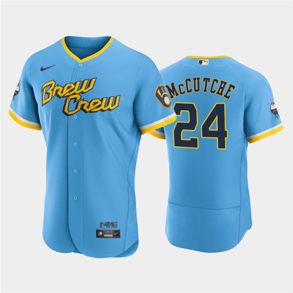 Men's Milwaukee Brewers #24 Andrew McCutchen Powder Blue 2022 City Connect Flex Base Stitched MLB Jersey Men's Milwaukee Brewers #24 Andrew McCutchen Powder Blue 2022 City Connect Flex Base Stitched MLB Jersey