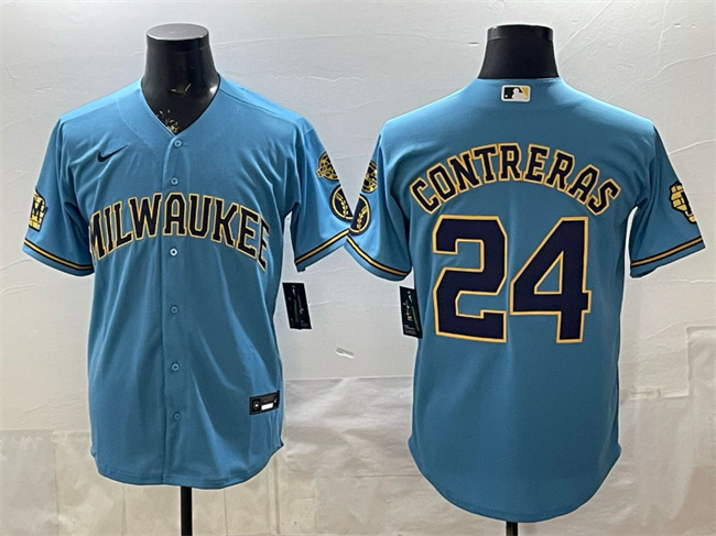 Men's Milwaukee Brewers #24 William Contreras Blue With Home & Bob Uecker Patch Stitched Baseball Jersey Men's Milwaukee Brewers #24 William Contreras Blue With Home & Bob Uecker Patch Stitched Baseball Jersey