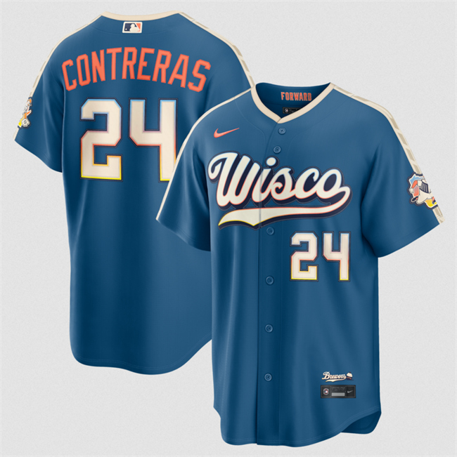 Men's Milwaukee Brewers #24 William Contreras Mineral Blue 2026 City Connect Stadium Stitched Baseball Jersey Men's Milwaukee Brewers #24 William Contreras Mineral Blue 2026 City Connect Stadium Stitched Baseball Jersey