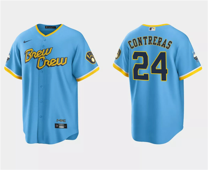 Men's Milwaukee Brewers #24 William Contreras Powder Blue 2022 City Connect Cool Base Stitched Jersey Men's Milwaukee Brewers #24 William Contreras Powder Blue 2022 City Connect Cool Base Stitched Jersey