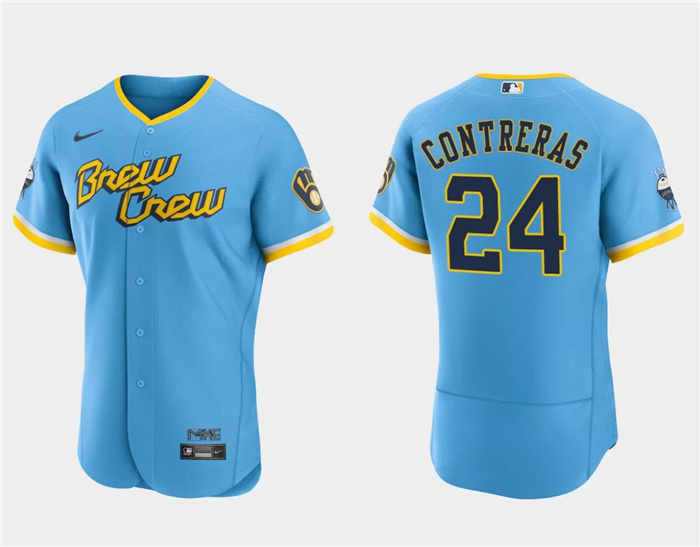 Men's Milwaukee Brewers #24 William Contreras Powder Blue 2022 City Connect Flex Base Stitched Baseball Jersey Men's Milwaukee Brewers #24 William Contreras Powder Blue 2022 City Connect Flex Base Stitched Baseball Jersey