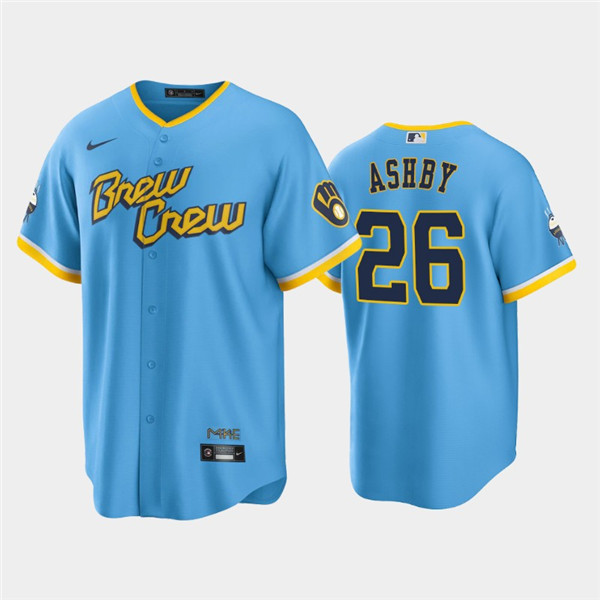 Men's Milwaukee Brewers #26 Aaron Ashby 2022 Powder Blue City Connect Cool Base Stitched Jersey Men's Milwaukee Brewers #26 Aaron Ashby 2022 Powder Blue City Connect Cool Base Stitched Jersey