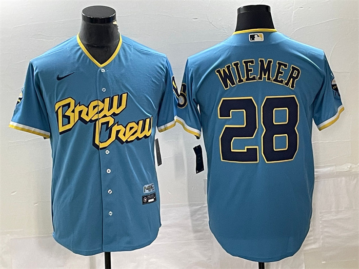 Men's Milwaukee Brewers #28 Joey Wiemer 2022 Powder Blue City Connect Cool Base Stitched Jersey Men's Milwaukee Brewers #28 Joey Wiemer 2022 Powder Blue City Connect Cool Base Stitched Jersey
