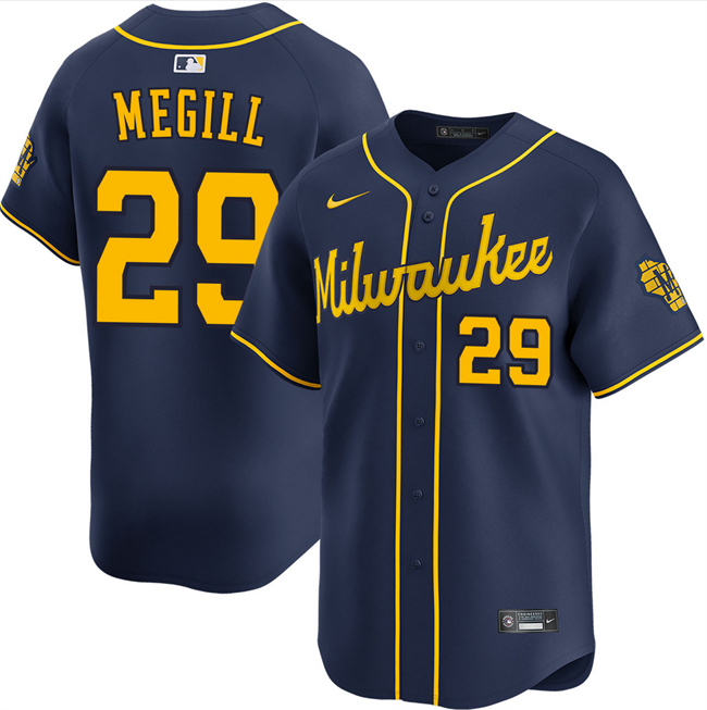 Men's Milwaukee Brewers #29 Trevor Megill Navy Alternate Limited Stitched Baseball Jersey Men's Milwaukee Brewers #29 Trevor Megill Navy Alternate Limited Stitched Baseball Jersey