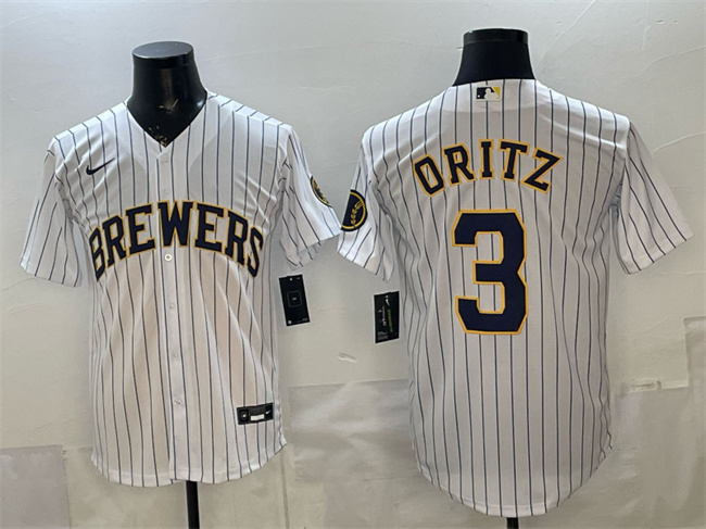 Men's Milwaukee Brewers #3 Joey Ortiz White Pinstripe 2025 With Patch Stitched Baseball Jersey Men's Milwaukee Brewers #3 Joey Ortiz White Pinstripe 2025 With Patch Stitched Baseball Jersey