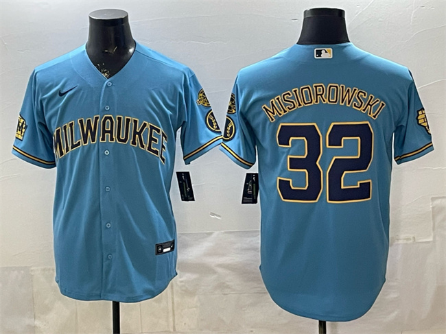 Men's Milwaukee Brewers #32 Jacob Misiorowski Blue With Home & Bob Uecker Patch Stitched Baseball Jersey Men's Milwaukee Brewers #32 Jacob Misiorowski Blue With Home & Bob Uecker Patch Stitched Baseball Jersey