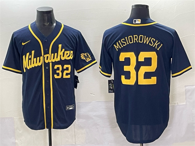 Men's Milwaukee Brewers #32 Jacob Misiorowski Navy 2025 With Patch Stitched Baseball Jersey Men's Milwaukee Brewers #32 Jacob Misiorowski Navy 2025 With Patch Stitched Baseball Jersey