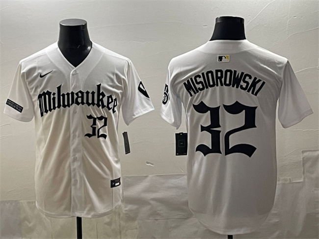Men's Milwaukee Brewers #32 Jacob Misiorowski White 'Gothic 414 Shadows Edition' Vapor Premier Limited Stitched Jersey Men's Milwaukee Brewers #32 Jacob Misiorowski White 'Gothic 414 Shadows Edition' Vapor Premier Limited Stitched Jersey