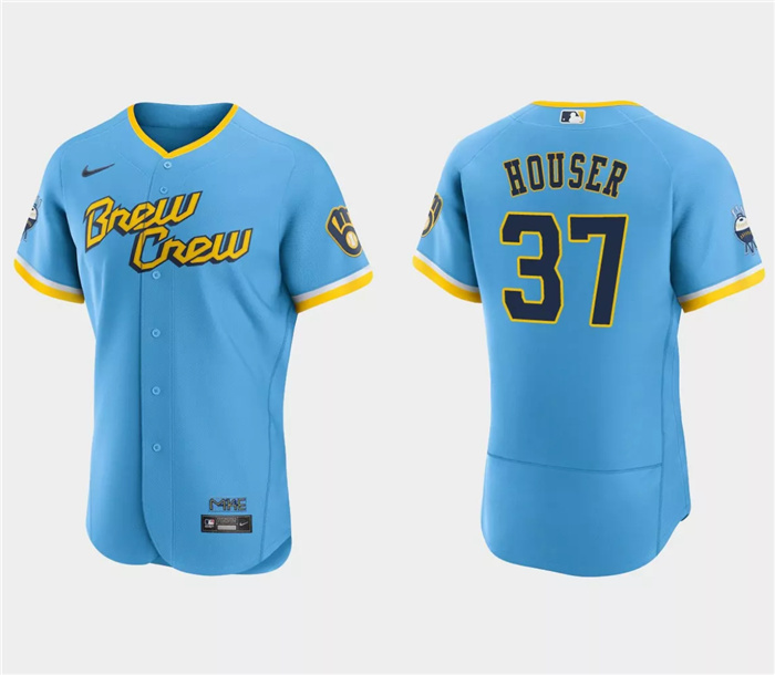 Men's Milwaukee Brewers #37 Adrian Houser Powder Blue 2022 City Connect Flex Base Stitched MLB Jersey Men's Milwaukee Brewers #37 Adrian Houser Powder Blue 2022 City Connect Flex Base Stitched MLB Jersey