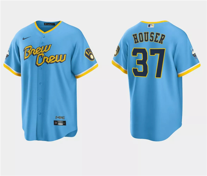 Men's Milwaukee Brewers #37 Adrian Houser Powder Blue City Connect Cool Base Stitched Jersey Men's Milwaukee Brewers #37 Adrian Houser Powder Blue City Connect Cool Base Stitched Jersey