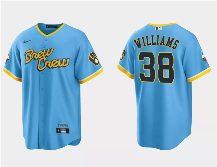 Men's Milwaukee Brewers #38 Devin Williams Powder Blue 2022 City Connect Cool Base Stitched Jersey Men's Milwaukee Brewers #38 Devin Williams Powder Blue 2022 City Connect Cool Base Stitched Jersey