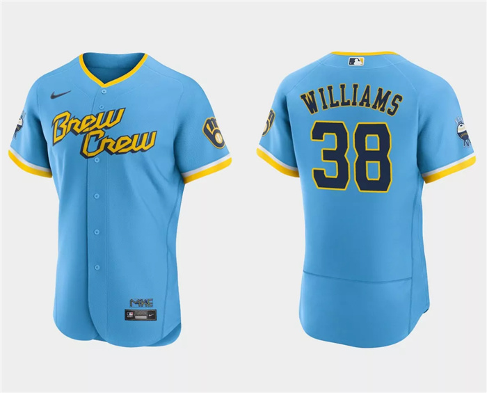 Men's Milwaukee Brewers #38 Devin Williams Powder Blue 2022 City Connect Flex Base Stitched MLB Jersey Men's Milwaukee Brewers #38 Devin Williams Powder Blue 2022 City Connect Flex Base Stitched MLB Jersey