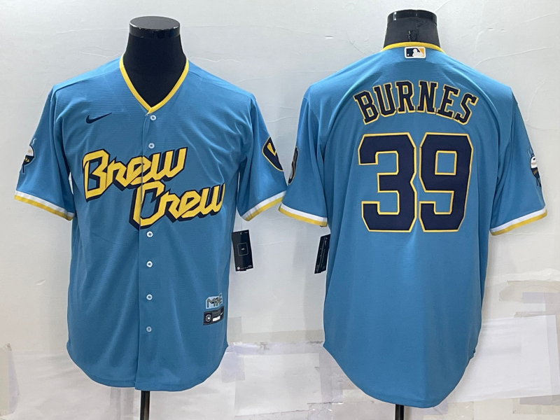 Men's Milwaukee Brewers #39 Corbin Burnes 2022 Powder Blue City Connect Cool Base Stitched Jersey Men's Milwaukee Brewers #39 Corbin Burnes 2022 Powder Blue City Connect Cool Base Stitched Jersey