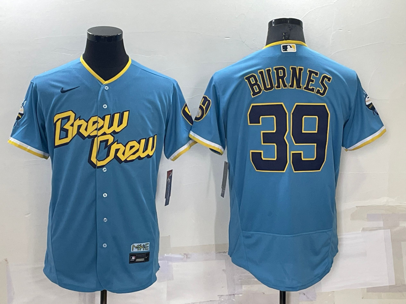 Men's Milwaukee Brewers #39 Corbin Burnes 2022 Powder Blue City Connect Flex Base Stitched Jersey Men's Milwaukee Brewers #39 Corbin Burnes 2022 Powder Blue City Connect Flex Base Stitched Jersey