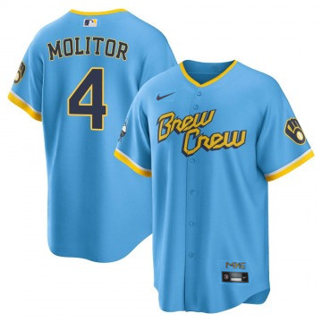 Men's Milwaukee Brewers #4 Paul Molitor 2022 Powder Blue City Connect Cool Base Stitched Jersey Men's Milwaukee Brewers #4 Paul Molitor 2022 Powder Blue City Connect Cool Base Stitched Jersey