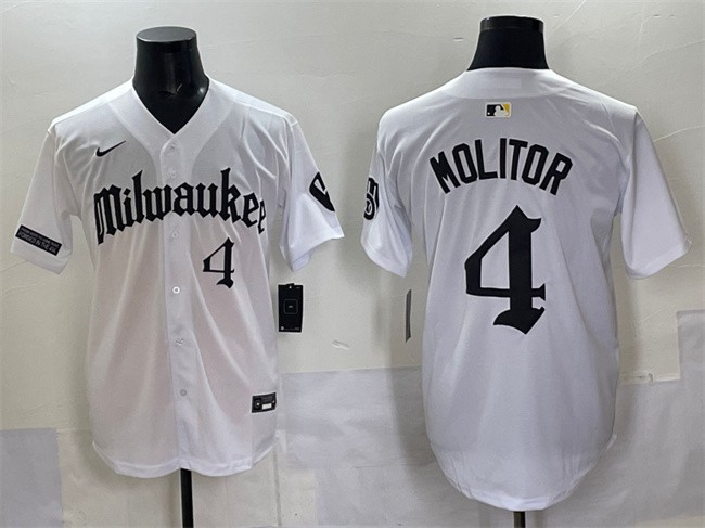 Men's Milwaukee Brewers #4 Paul Molitor White 'Gothic 414 Shadows Edition' Vapor Premier Limited Stitched Jersey Men's Milwaukee Brewers #4 Paul Molitor White 'Gothic 414 Shadows Edition' Vapor Premier Limited Stitched Jersey