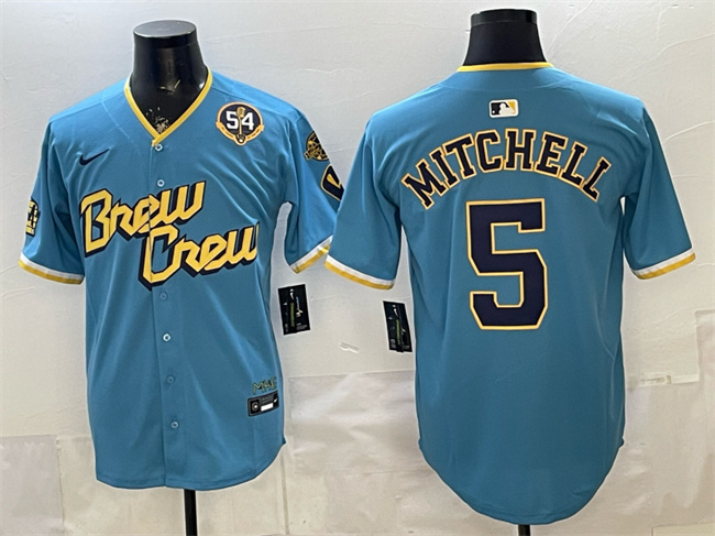 Men's Milwaukee Brewers #5 Garrett Mitchell Powder Blue City Connect With Home & Bob Uecker Patch Limited Stitched Baseball Jersey Men's Milwaukee Brewers #5 Garrett Mitchell Powder Blue City Connect With Home & Bob Uecker Patch Limited Stitched Baseball Jersey