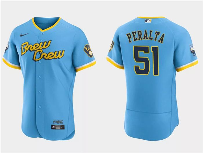 Men's Milwaukee Brewers #51 Freddy Peralta Powder Blue 2022 City Connect Flex Base Stitched MLB Jersey Men's Milwaukee Brewers #51 Freddy Peralta Powder Blue 2022 City Connect Flex Base Stitched MLB Jersey