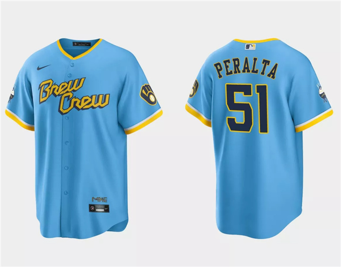 Men's Milwaukee Brewers #51 Freddy Peralta Powder Blue City Connect Cool Base Stitched Jersey Men's Milwaukee Brewers #51 Freddy Peralta Powder Blue City Connect Cool Base Stitched Jersey