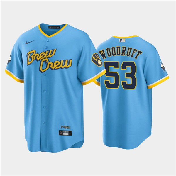 Men's Milwaukee Brewers #53 Brandon Woodruff 2022 Powder Blue City Connect Cool Base Stitched Jersey Men's Milwaukee Brewers #53 Brandon Woodruff 2022 Powder Blue City Connect Cool Base Stitched Jersey