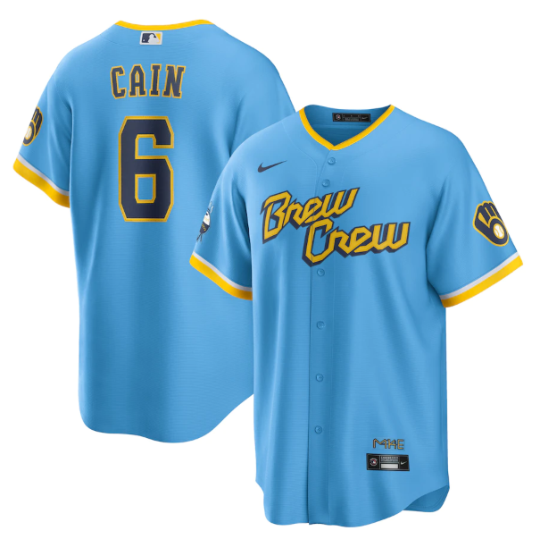 Men's Milwaukee Brewers #6 Lorenzo Cain 2022 Powder Blue City Connect Cool Base Stitched Jersey Men's Milwaukee Brewers #6 Lorenzo Cain 2022 Powder Blue City Connect Cool Base Stitched Jersey