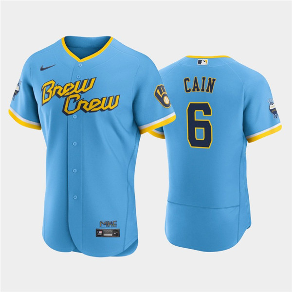 Men's Milwaukee Brewers #6 Lorenzo Cain Powder Blue 2022 City Connect Flex Base Stitched MLB Jersey Men's Milwaukee Brewers #6 Lorenzo Cain Powder Blue 2022 City Connect Flex Base Stitched MLB Jersey
