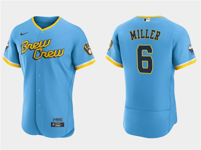 Men's Milwaukee Brewers #6 Owen Miller Powder Blue 2022 City Connect Flex Base Stitched MLB Jersey Men's Milwaukee Brewers #6 Owen Miller Powder Blue 2022 City Connect Flex Base Stitched MLB Jersey