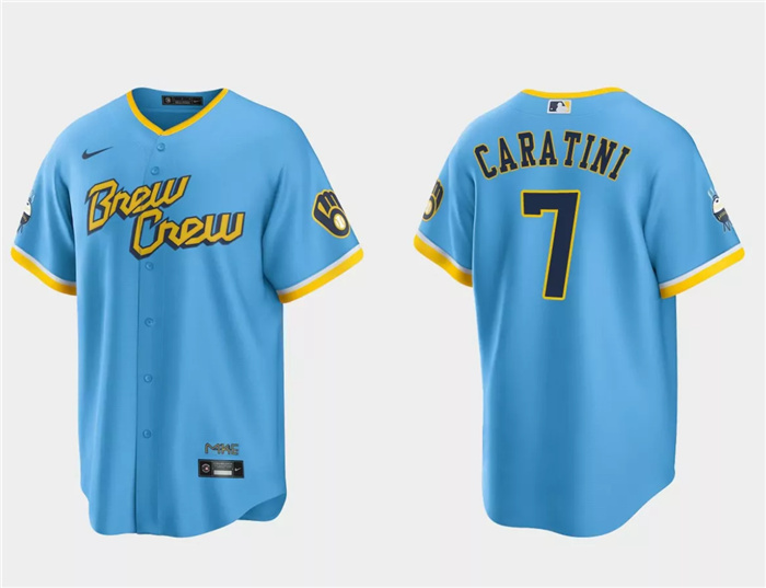 Men's Milwaukee Brewers #7 Victor Caratini Powder Blue 2022 City Connect Cool Base Stitched Jersey Men's Milwaukee Brewers #7 Victor Caratini Powder Blue 2022 City Connect Cool Base Stitched Jersey