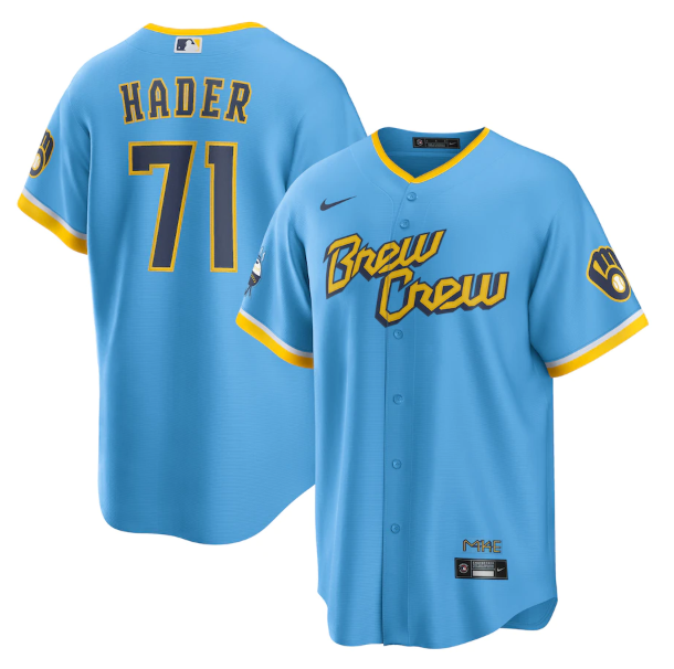 Men's Milwaukee Brewers #71 Josh Hader 2022 Powder Blue City Connect Cool Base Stitched Jersey Men's Milwaukee Brewers #71 Josh Hader 2022 Powder Blue City Connect Cool Base Stitched Jersey