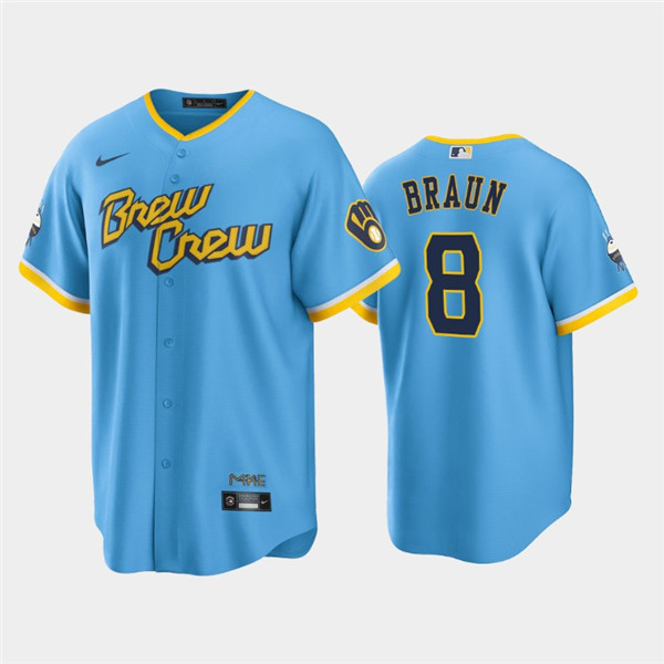 Men's Milwaukee Brewers #8 Ryan Braun 2022 Powder Blue City Connect Cool Base Stitched Jersey Men's Milwaukee Brewers #8 Ryan Braun 2022 Powder Blue City Connect Cool Base Stitched Jersey