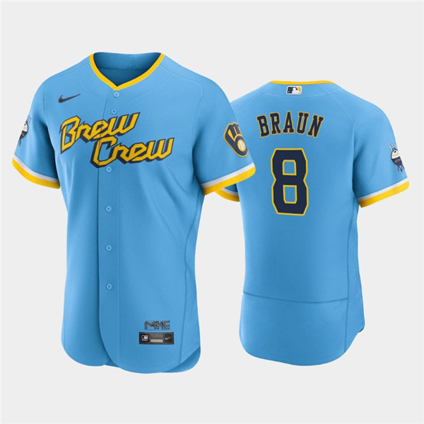 Men's Milwaukee Brewers #8 Ryan Braun Powder Blue 2022 City Connect Flex Base Stitched MLB Jersey Men's Milwaukee Brewers #8 Ryan Braun Powder Blue 2022 City Connect Flex Base Stitched MLB Jersey