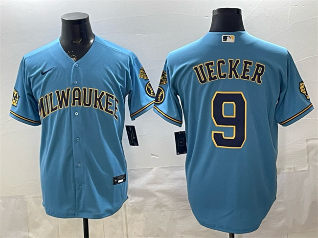 Men's Milwaukee Brewers #9 Bob Uecker Blue With Home & Bob Uecker Patch Stitched Baseball Jersey Men's Milwaukee Brewers #9 Bob Uecker Blue With Home & Bob Uecker Patch Stitched Baseball Jersey